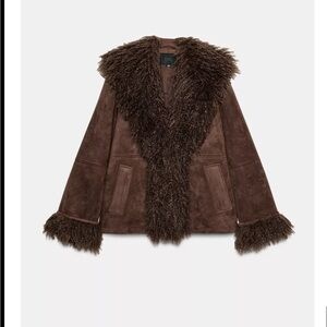 Zara Brown Teddy Jacket with Shearling Trim